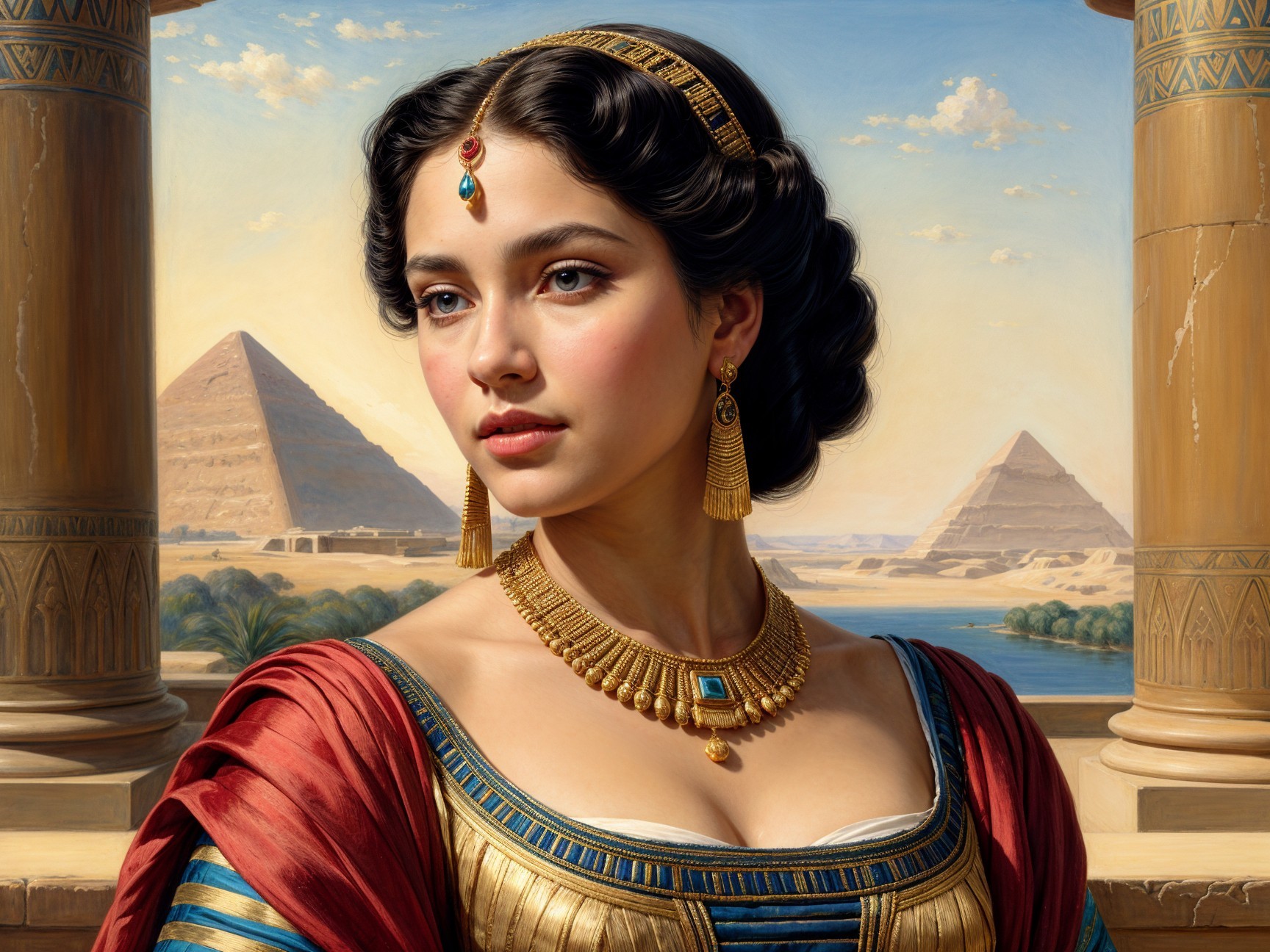 Ancient Egyptian Woman in Elaborate Attire and Jewelry