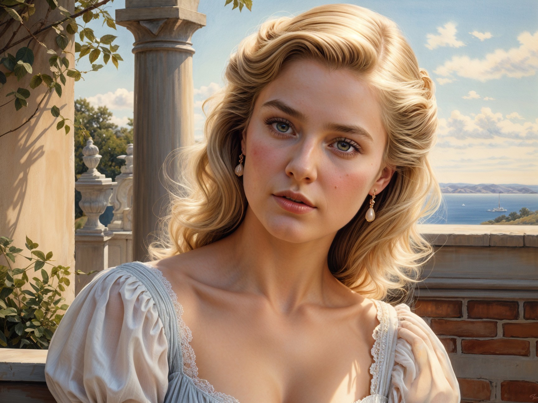 Young Woman in Elegant Dress by Serene Seaside Landscape