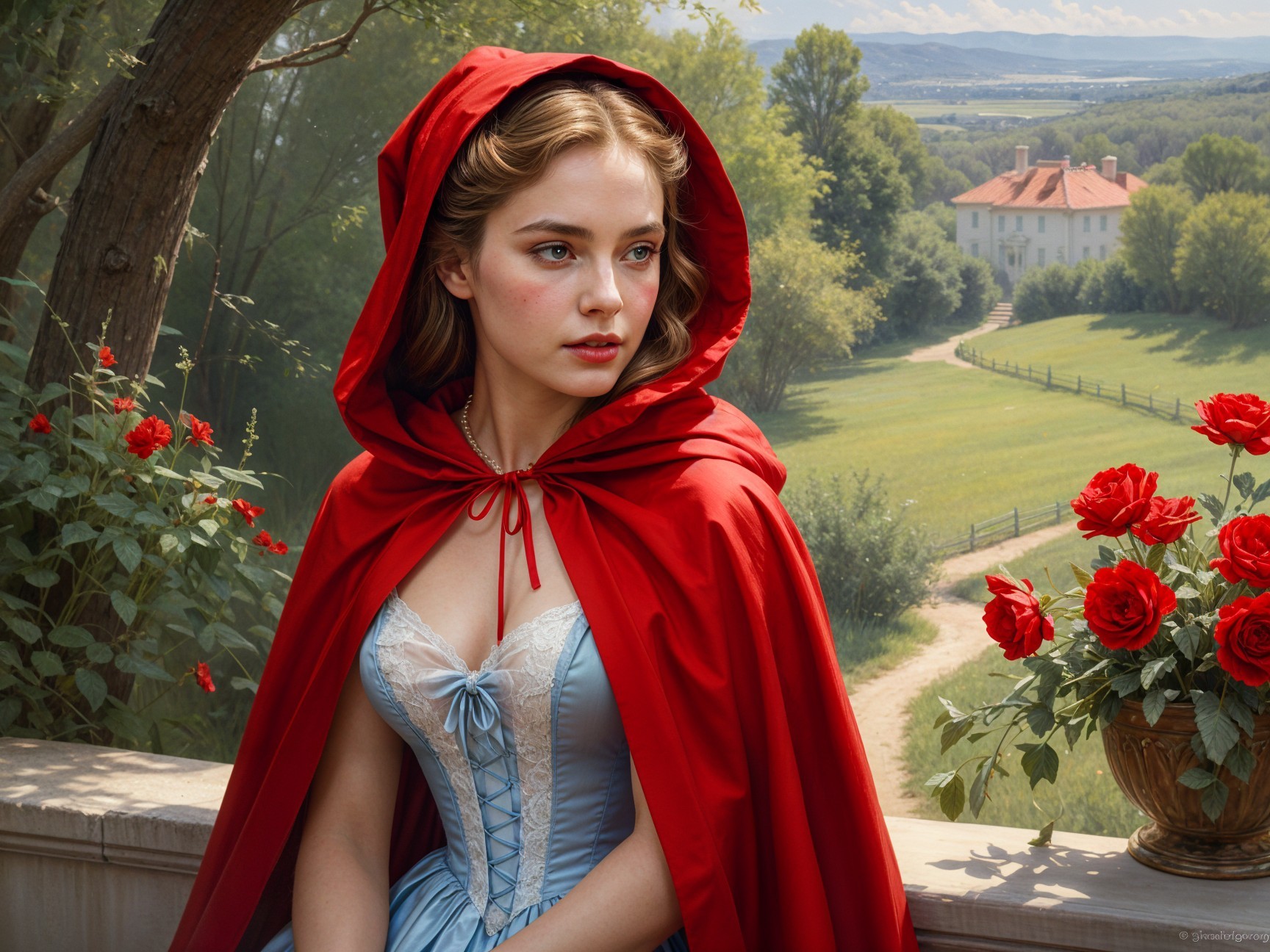 Young woman in red cloak against lush landscape