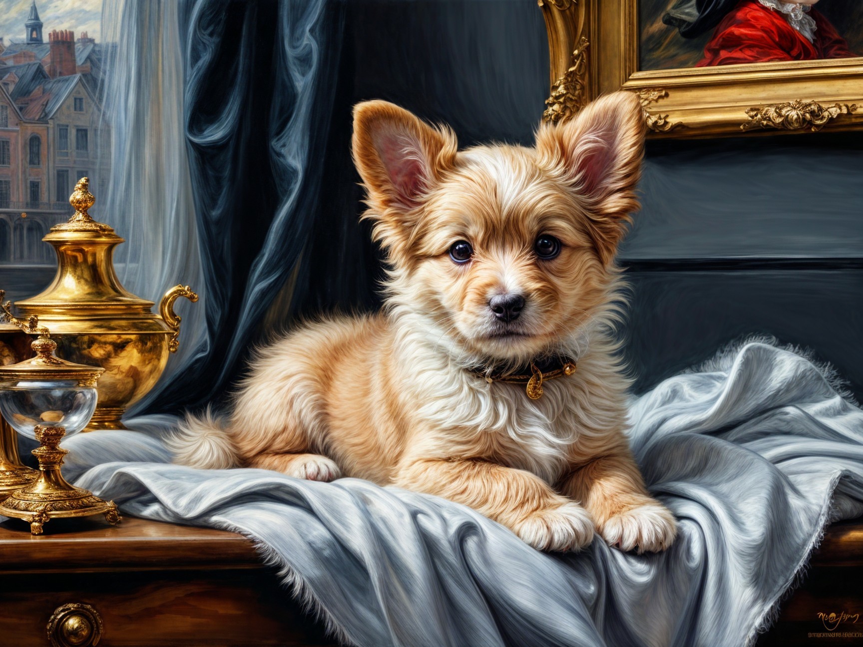 Fluffy Brown Puppy on White Cloth with Elegant Decor