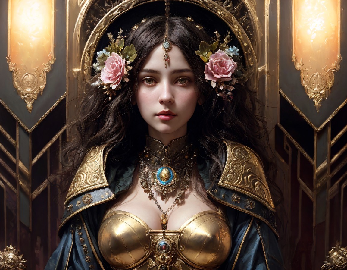 Young woman in ornate attire with pink roses and jewels