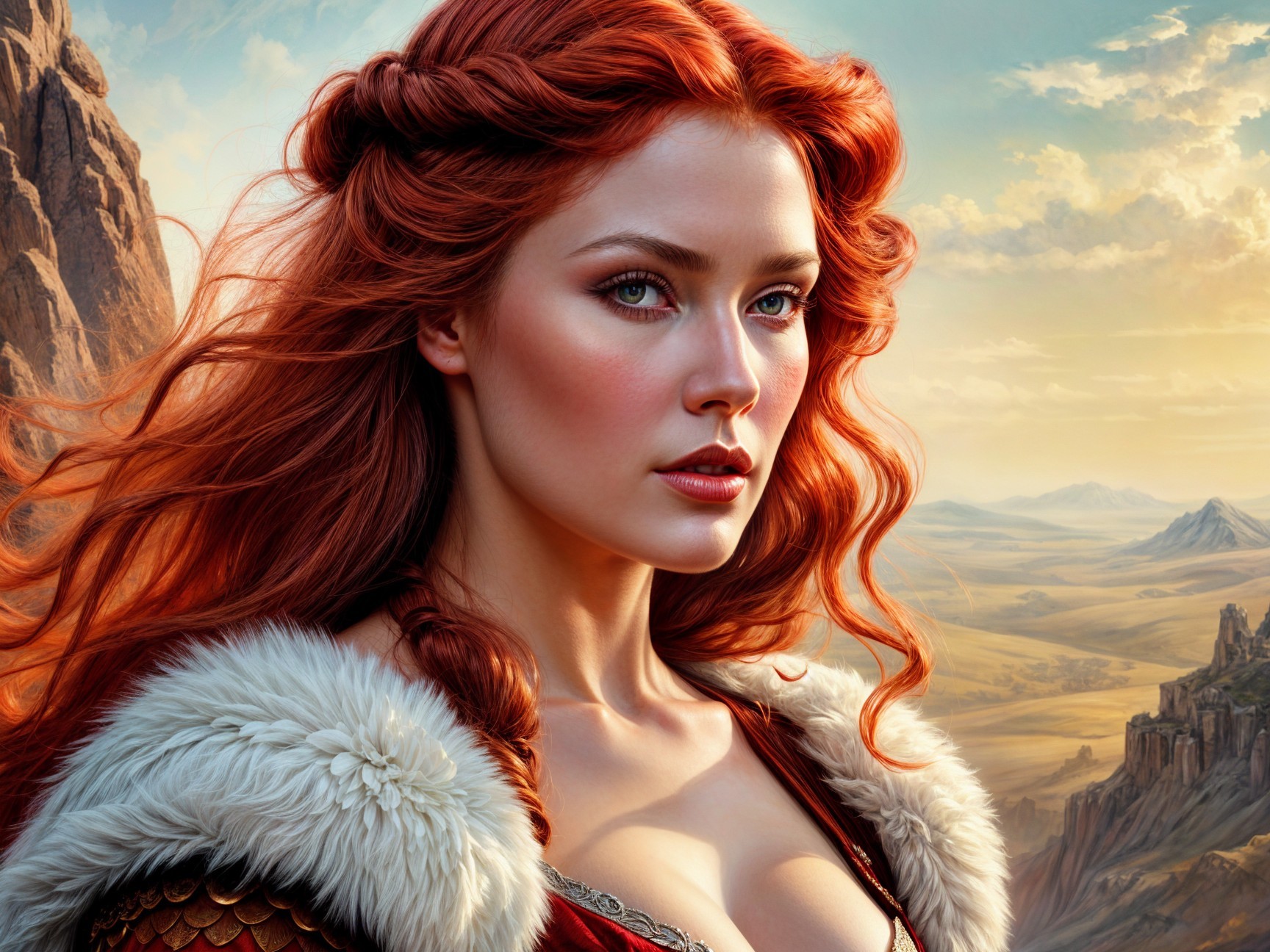 Woman with Red Hair in Dramatic Mountain Landscape