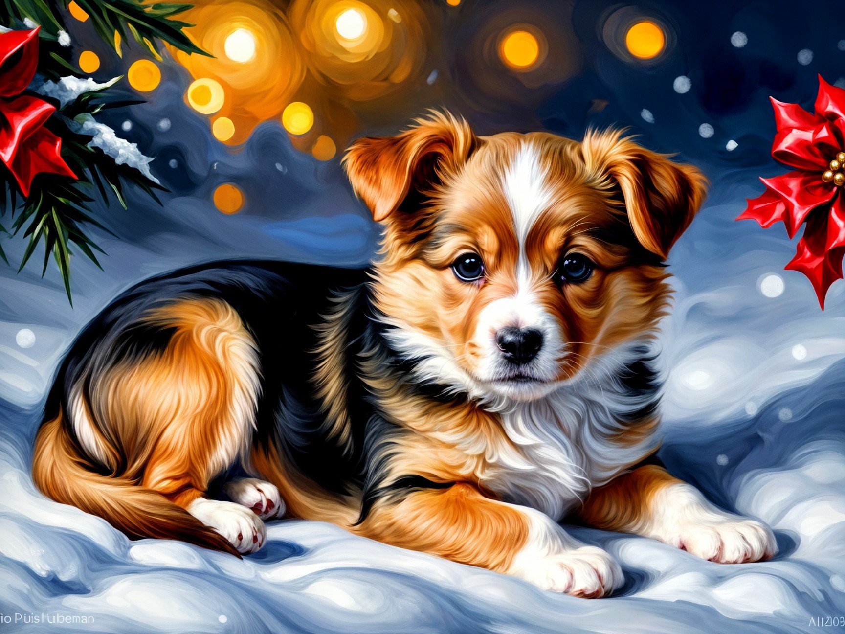 Puppy on Snowy Background with Holiday Decorations
