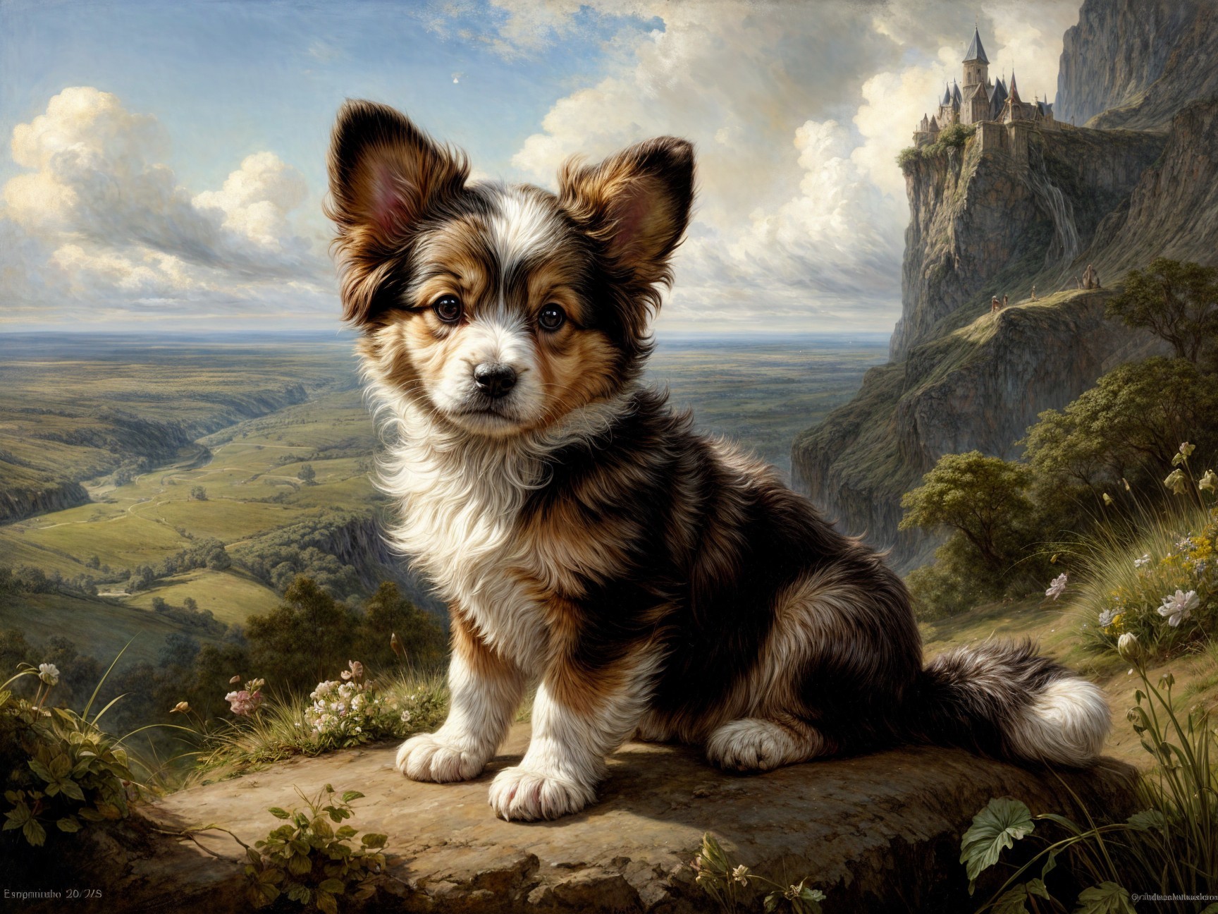 Puppy on Rocky Ledge with Scenic Landscape View