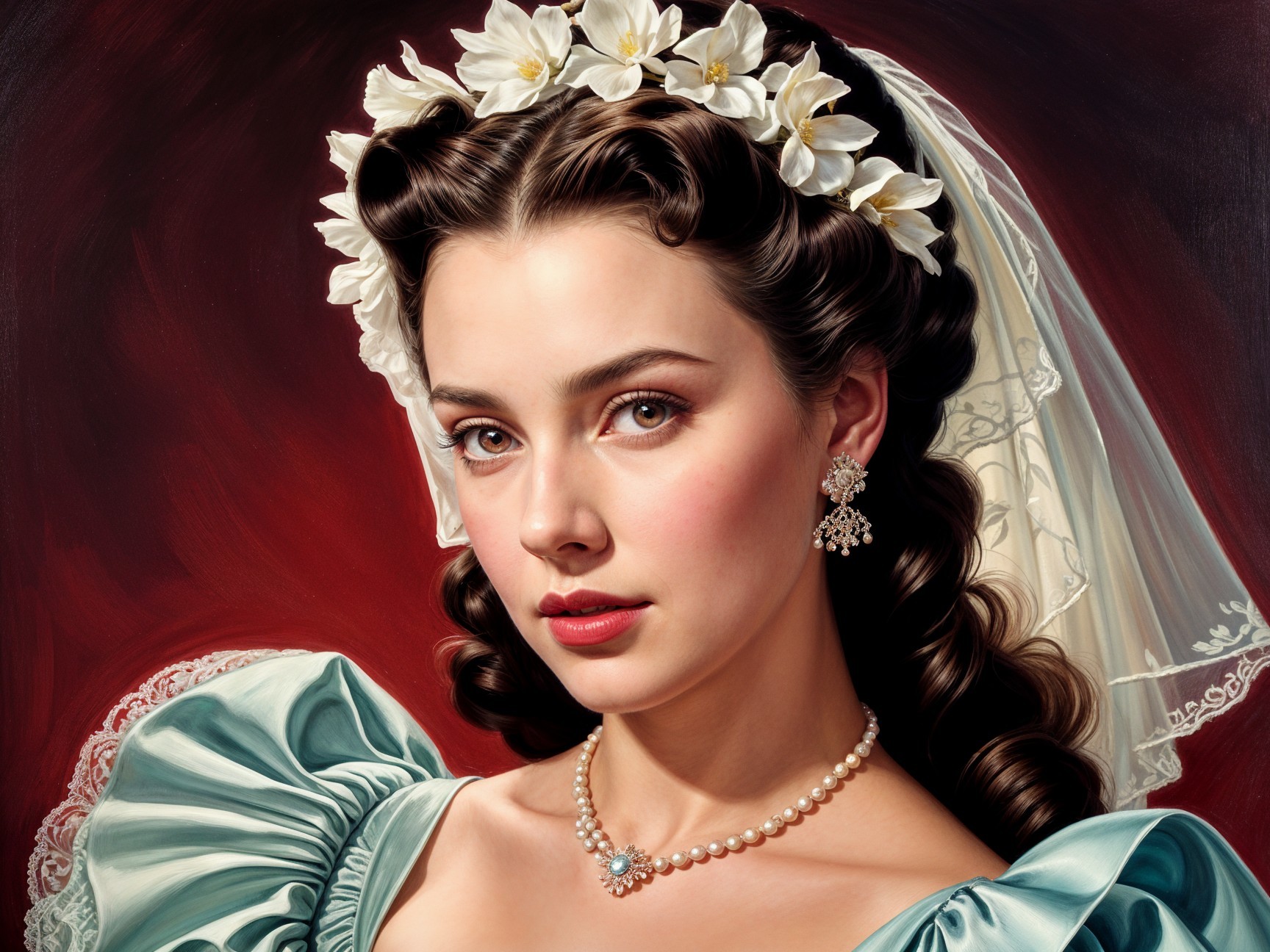 Vintage Portrait of Woman in Teal Gown and Jewelry