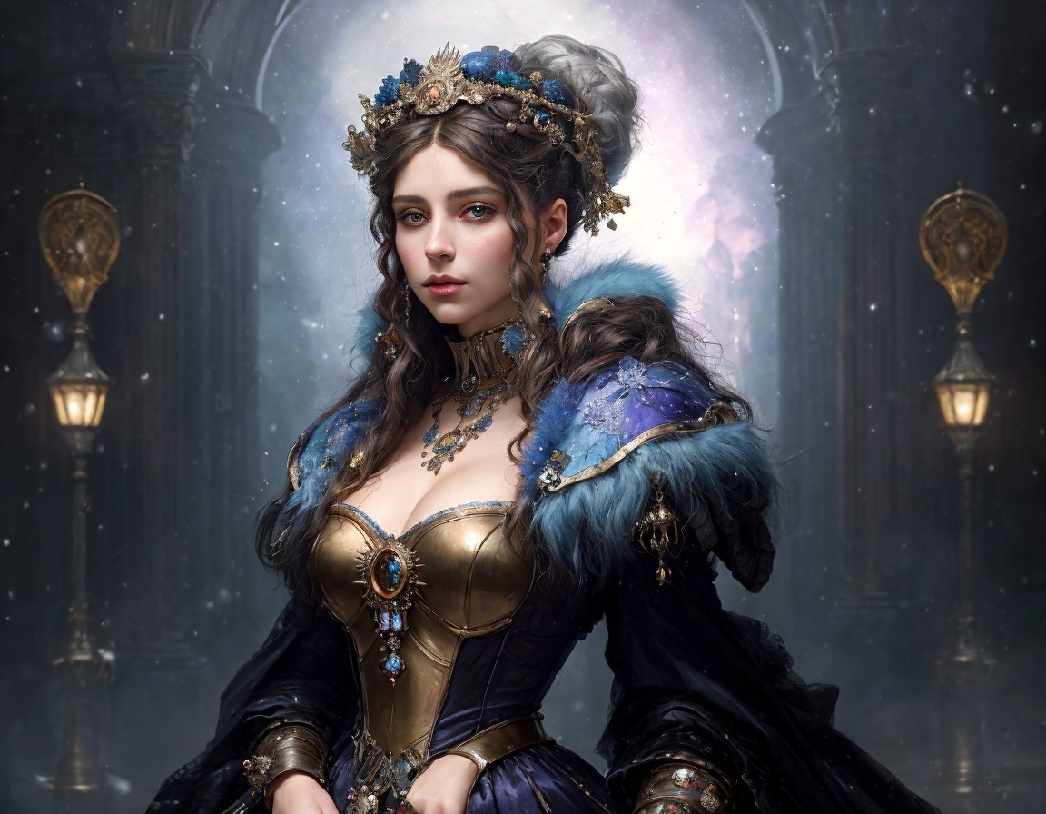 Regal Woman in Ornate Blue and Gold Gown