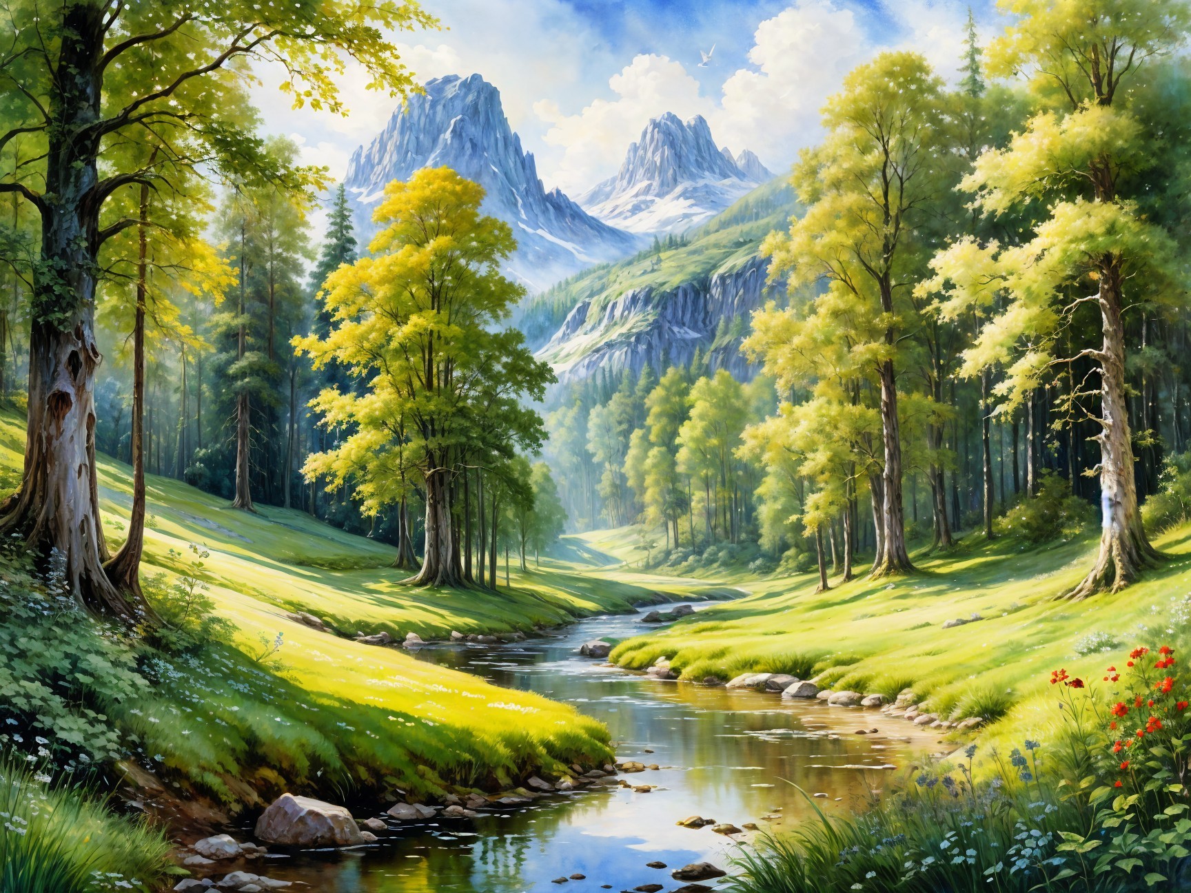 Serene Landscape with Meadows, River, and Mountains