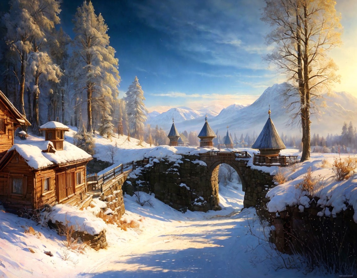 Winter landscape: wooden cabin, snowy stone bridge, frosty trees, church, mountains