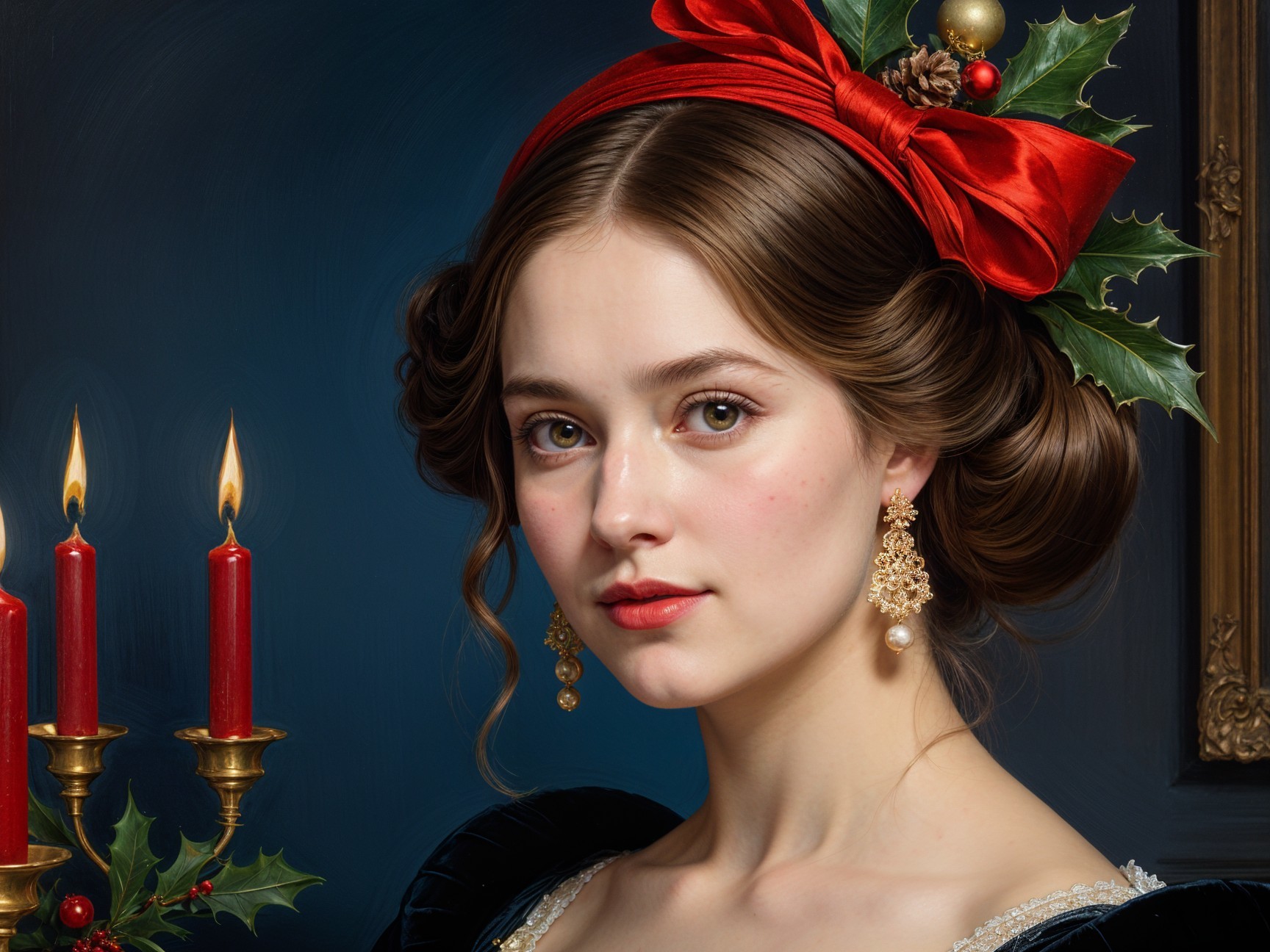 Young woman in black dress with red bow and candles