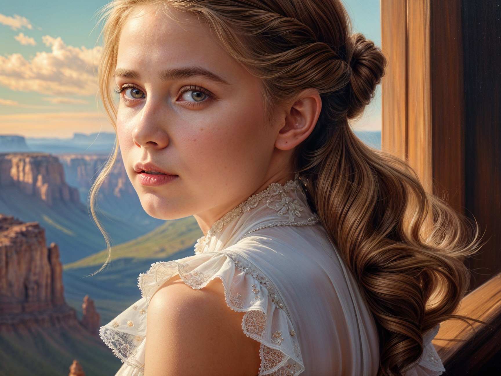 Young woman in vintage dress against scenic landscape