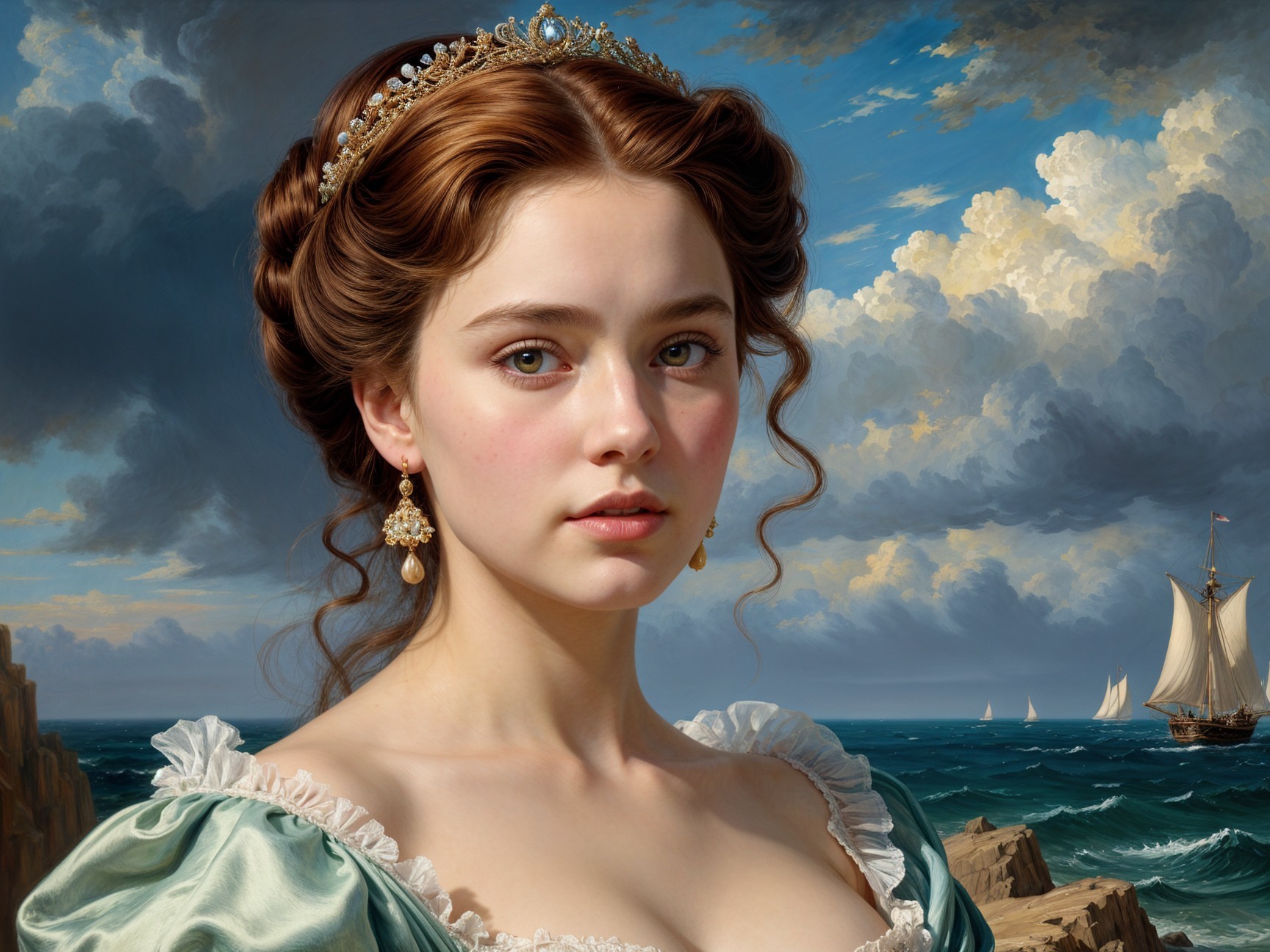 Elegant young woman in green gown with tiara