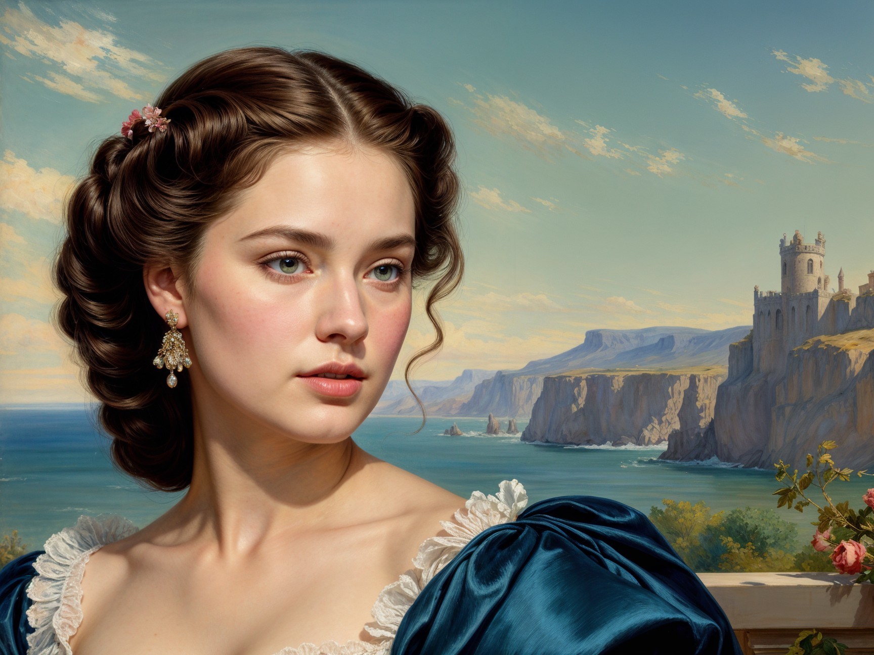 Young Woman in Blue Gown by Coastal Landscape