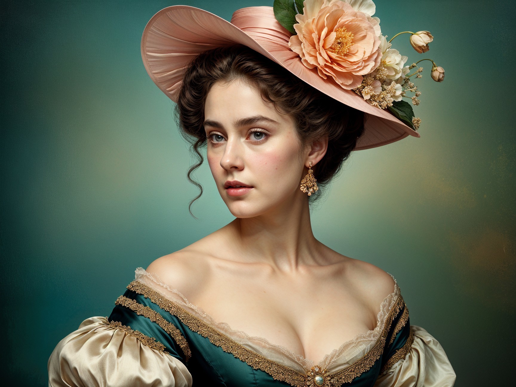 Vintage Portrait of Woman in Elegant Dress and Hat
