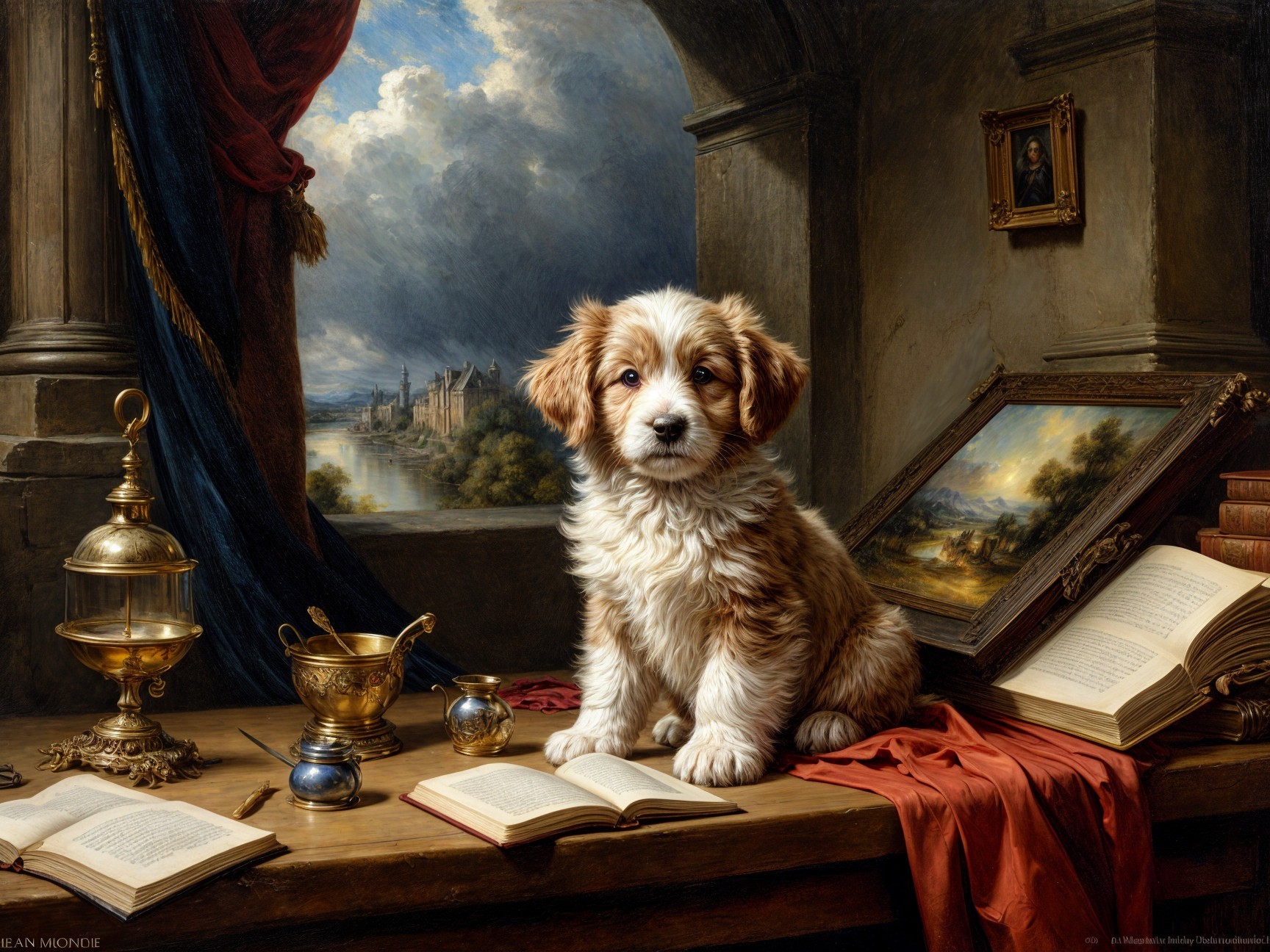 Puppy on Table Surrounded by Books and Artifacts