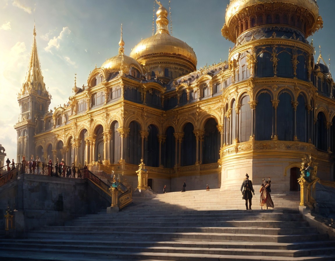 Grand palace with golden domes and busy stone steps