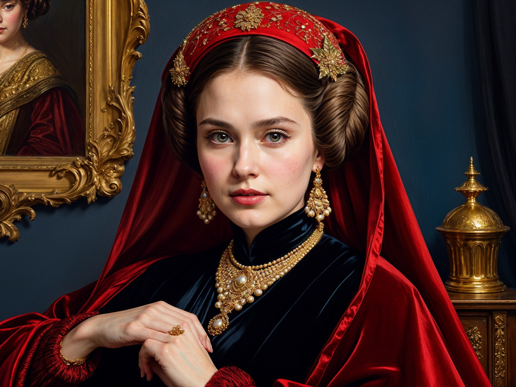 Elegant woman in red and black gown with jewelry