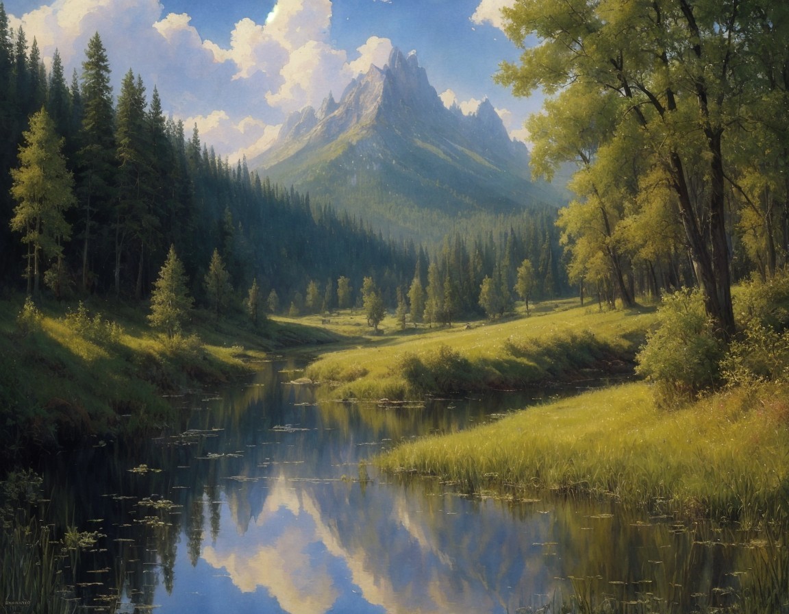 Tranquil landscape painting of river, forest reflection, mountain, cloudy sky