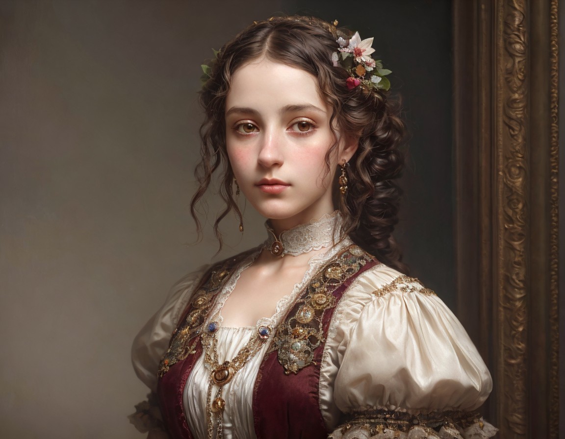 Young Woman in Ornate Historical Dress and Jewelry
