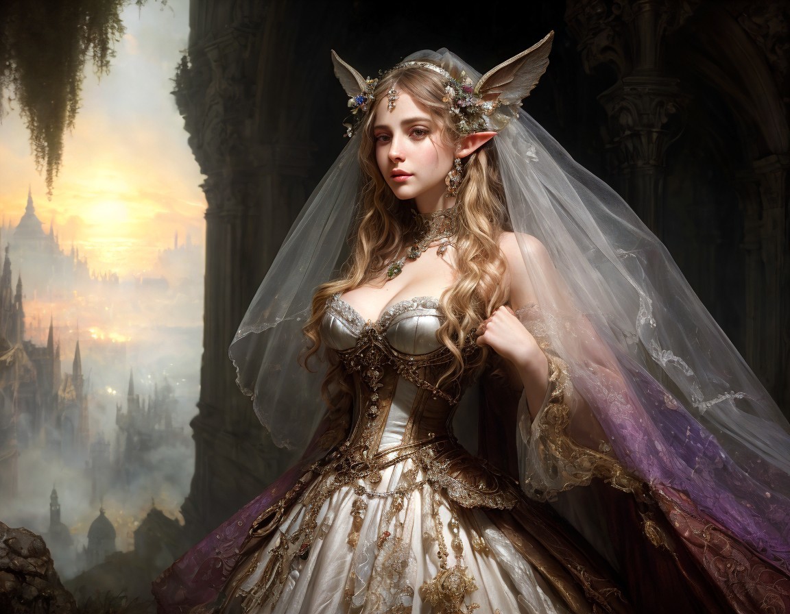 Elf-eared woman in fantasy bridal gown with veil and headdress by castle at sunset