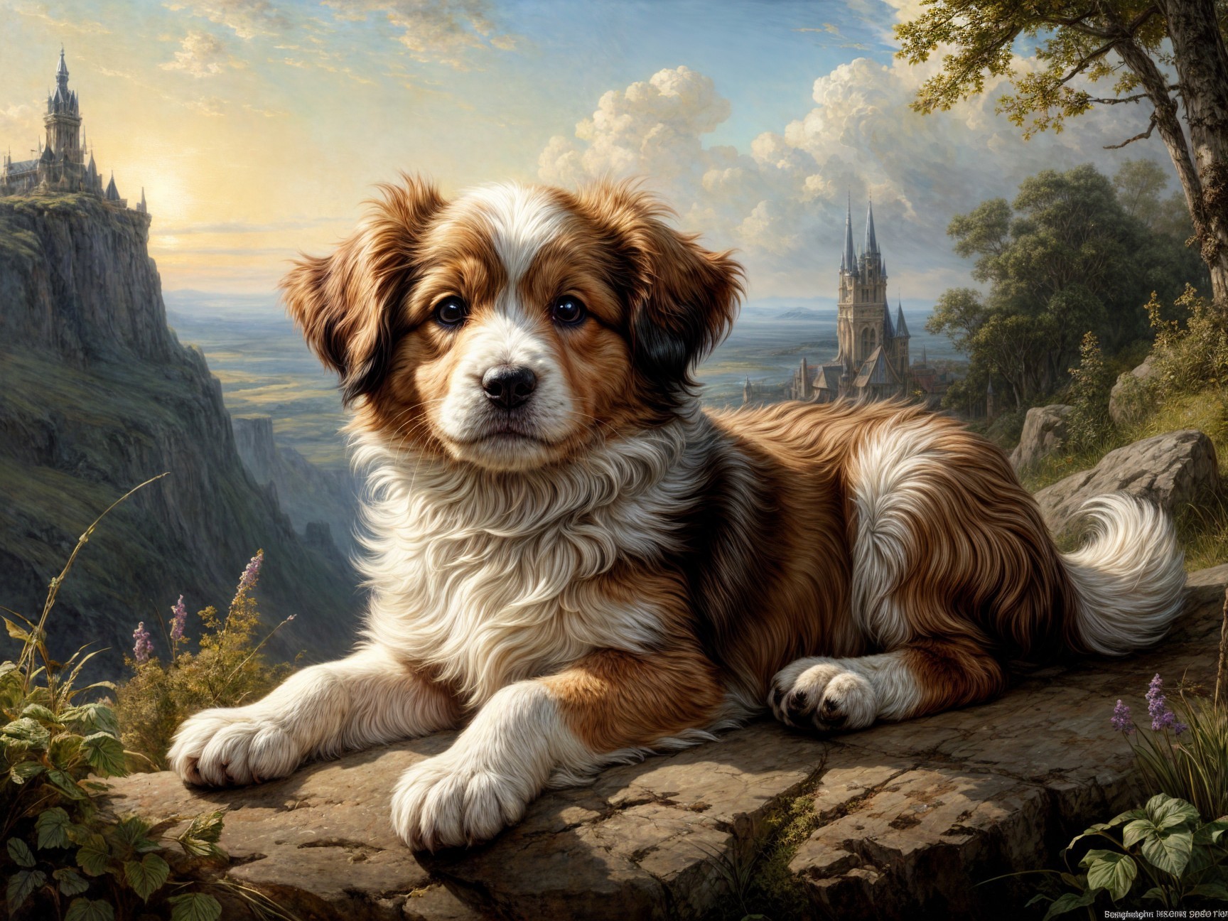 Fluffy Dog on Rocky Ledge with Scenic Landscape