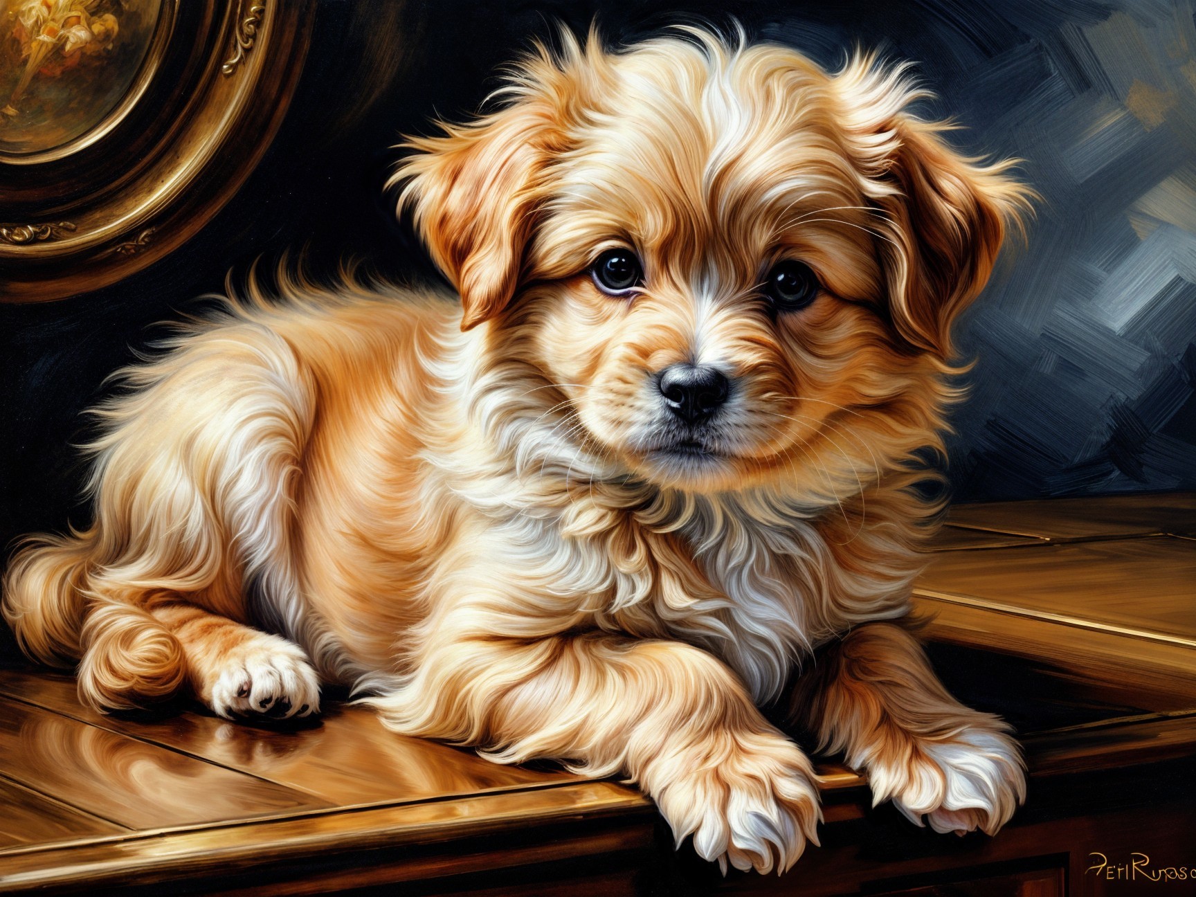 Golden-brown puppy on polished wooden surface portrait