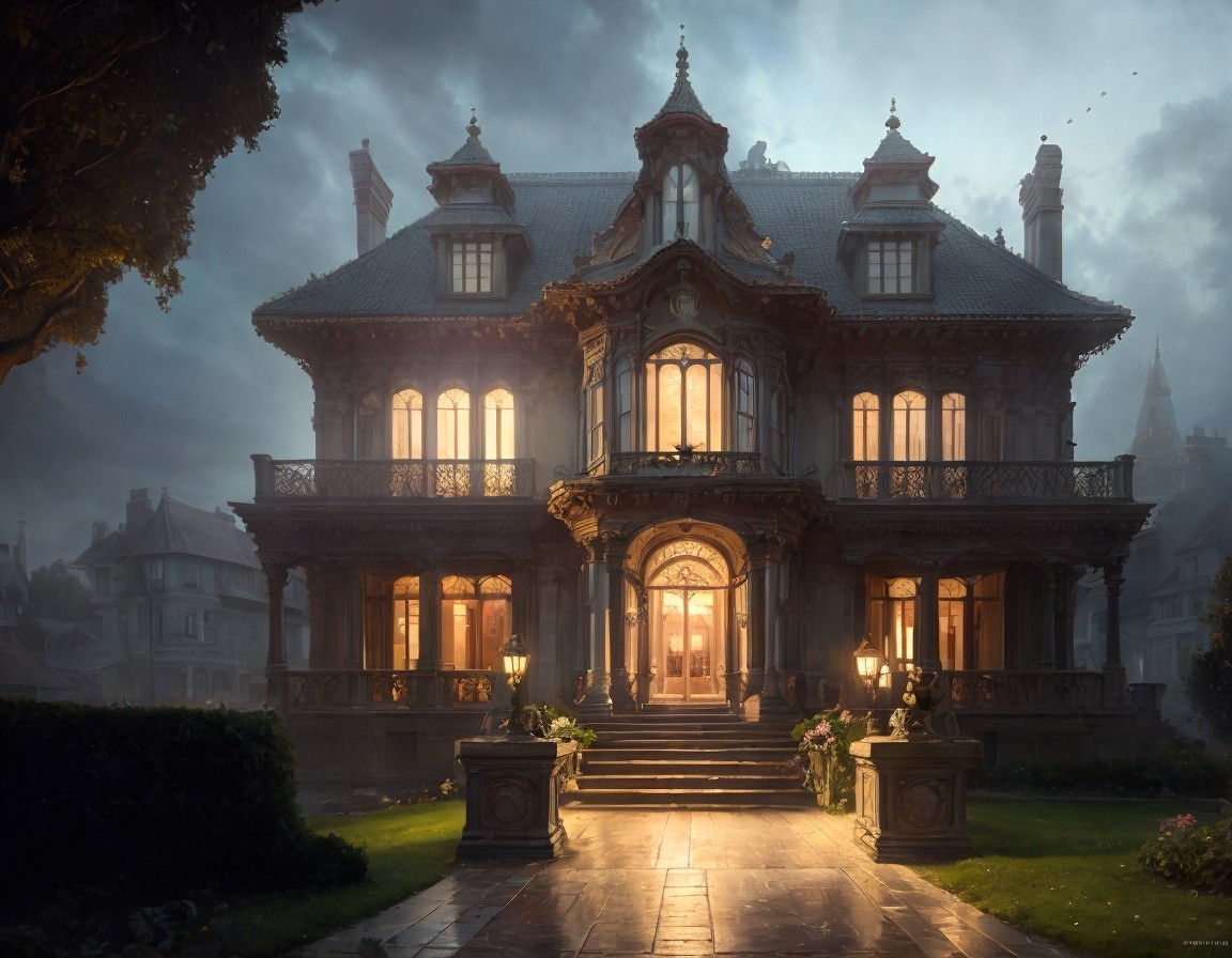Victorian House at Dusk with Lit Windows and Fog