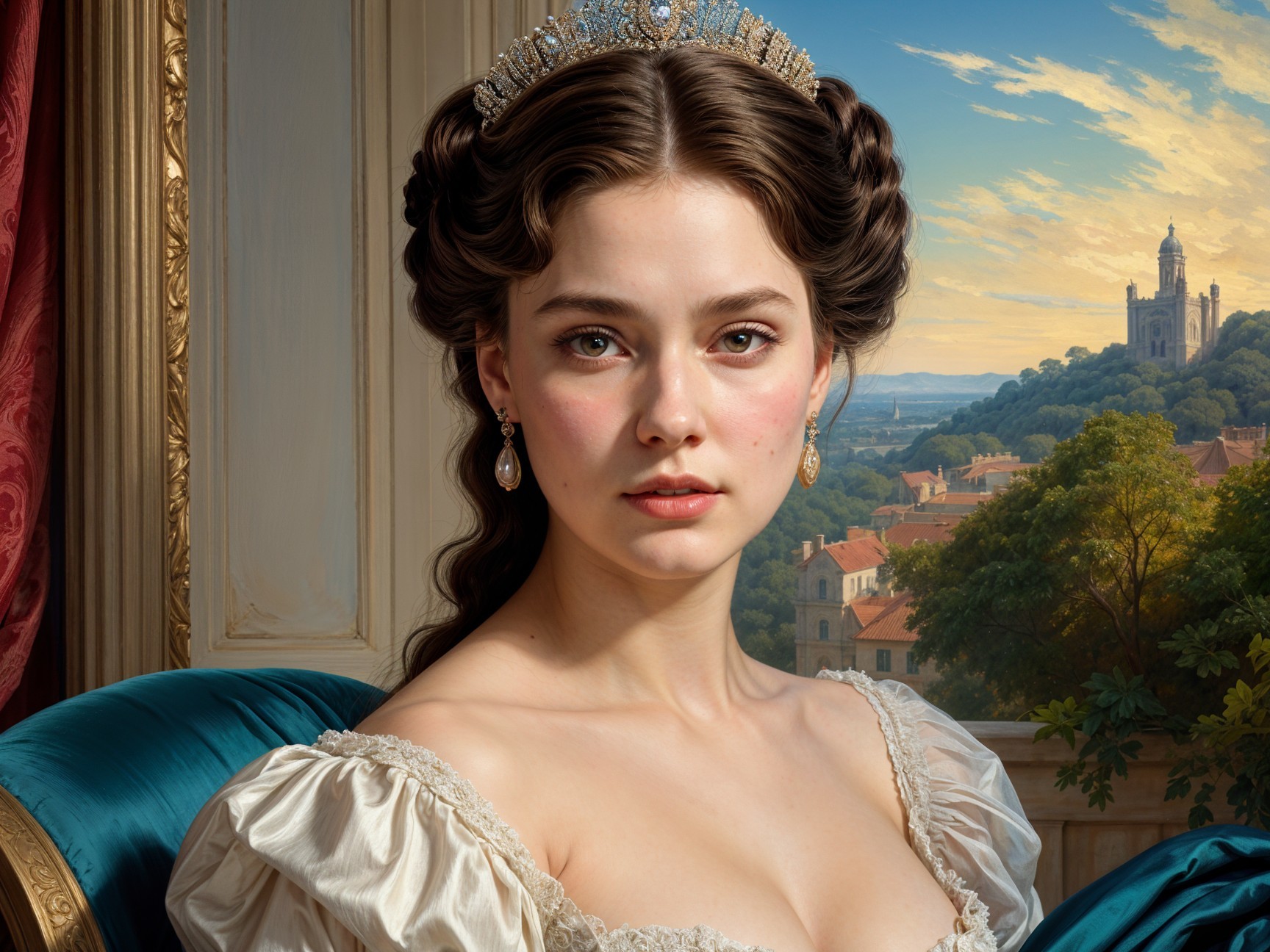 Young woman in gown with tiara in serene landscape