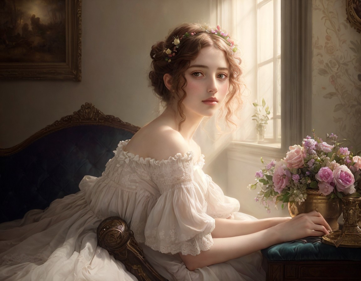 Elegant woman in white gown with pink roses in room