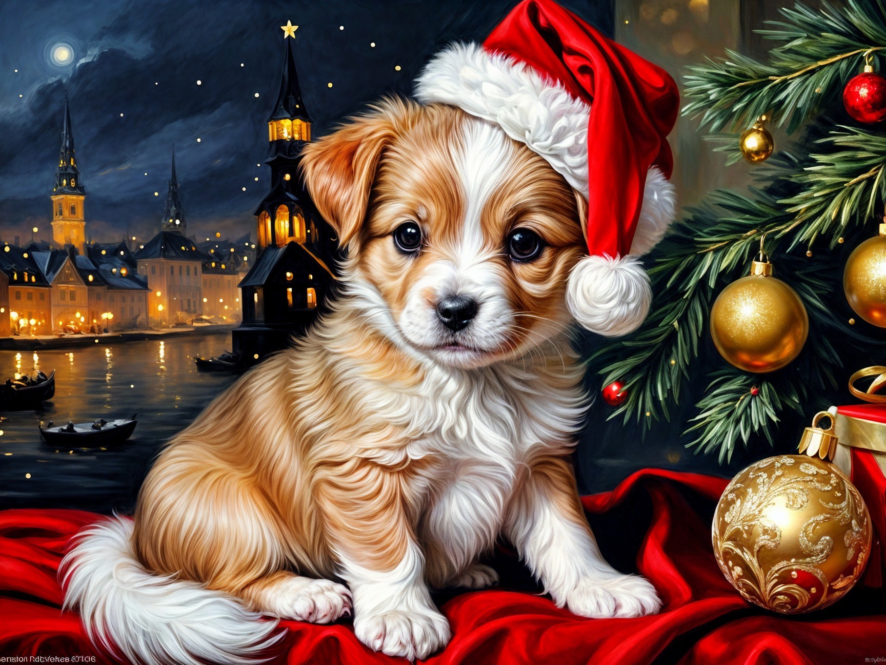 Fluffy Cream Puppy in Santa Hat on Red Blanket