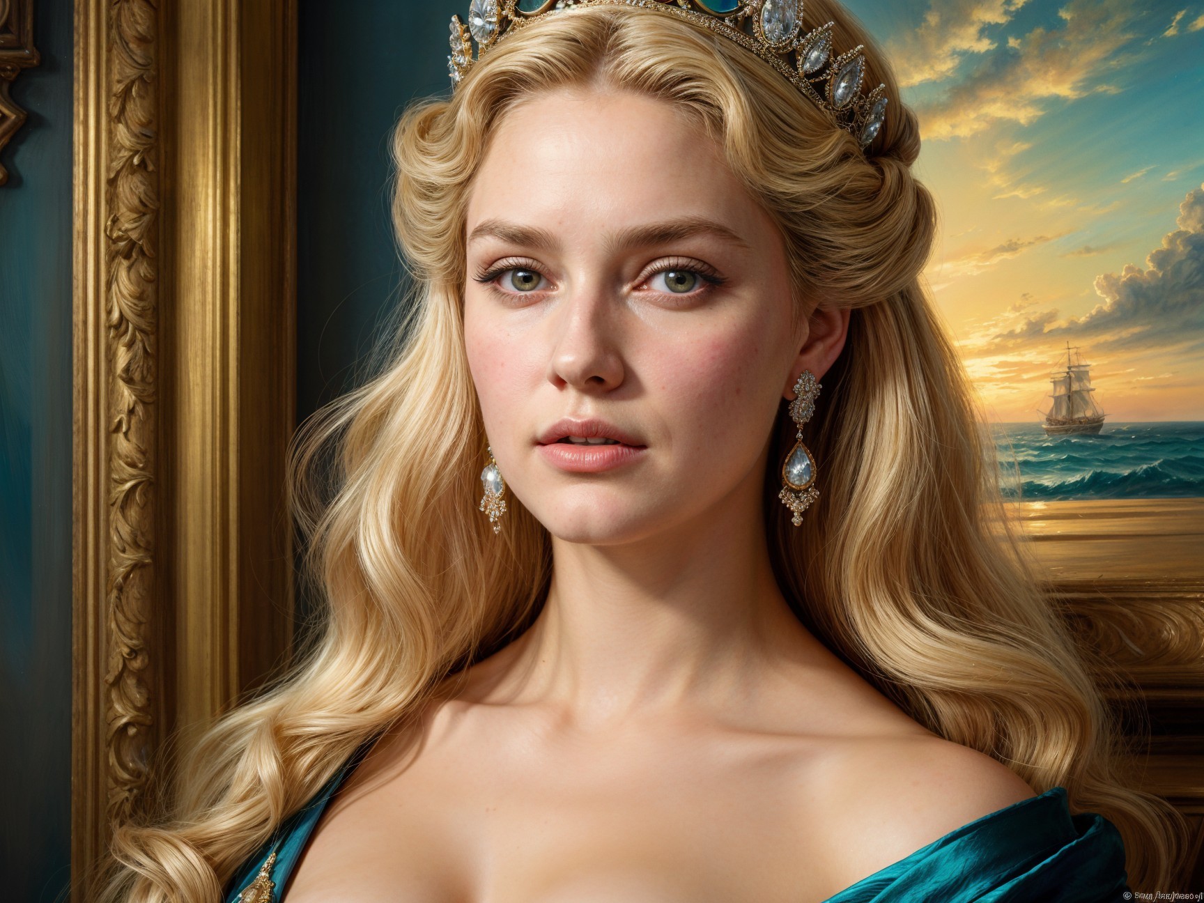 Regal young woman in blue gown by serene seascape