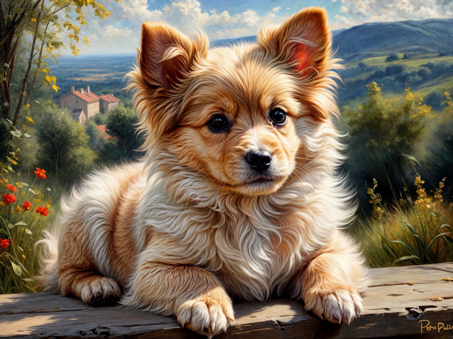 Golden-brown puppy on wooden surface in serene landscape
