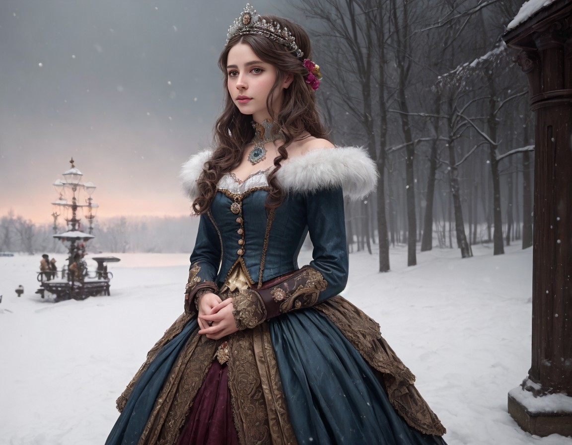 Medieval woman in snow with lantern-lit carriage