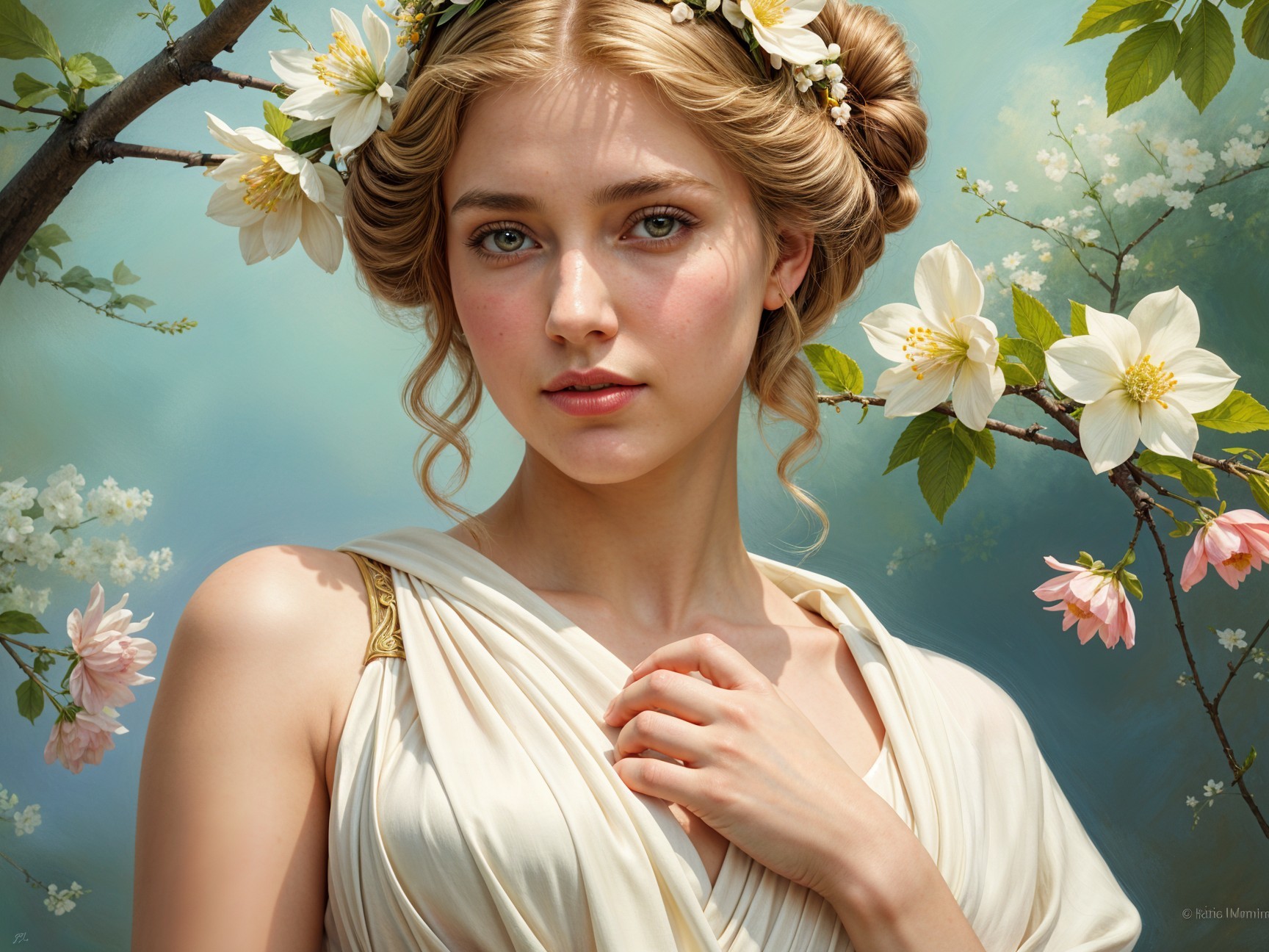 Young Woman with Floral Accents in Natural Setting