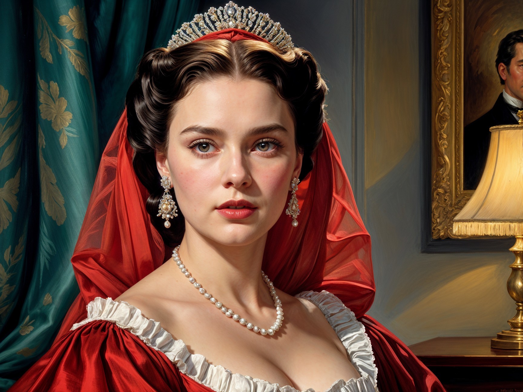 Young woman in red gown with tiara and pearls