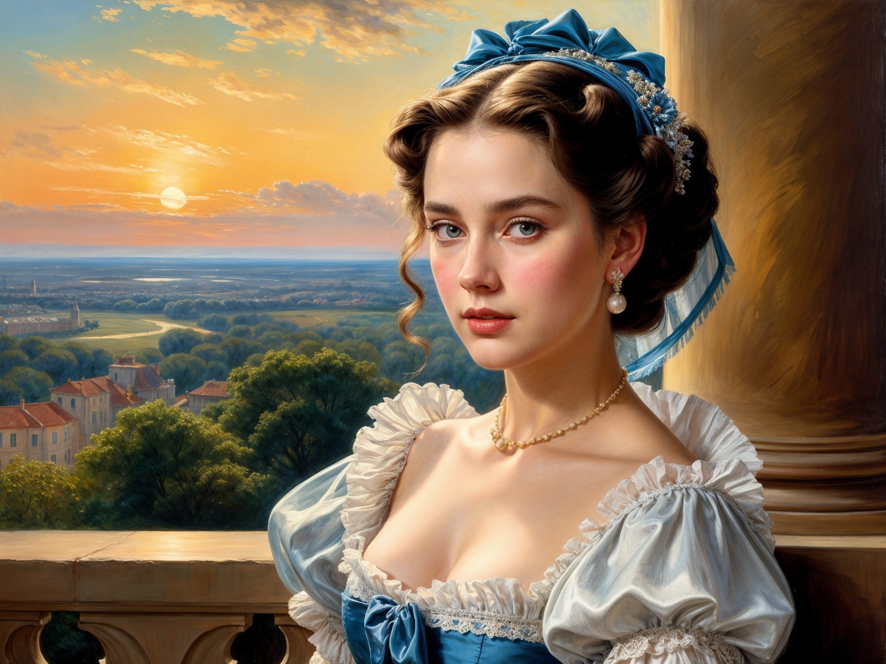 Young Woman in Elegant Dress on Balcony at Sunset