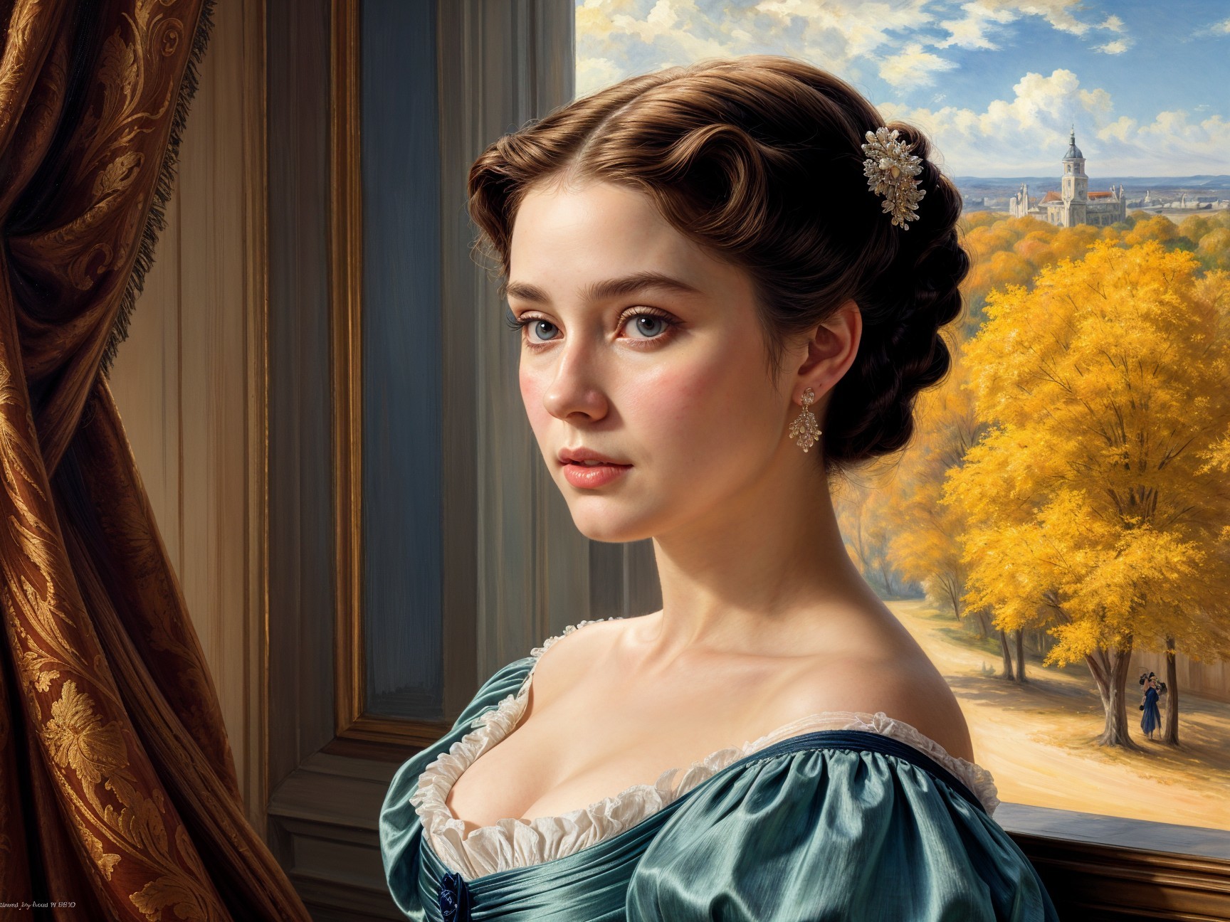 Elegant Woman in Teal Gown in Ornate Room