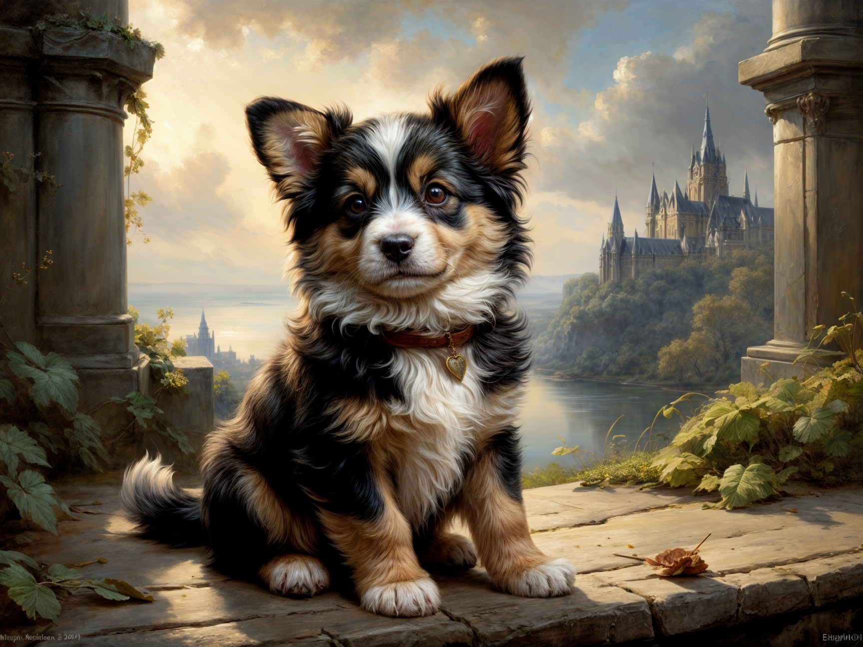 Fluffy Puppy on Stone Ledge with Castle Background