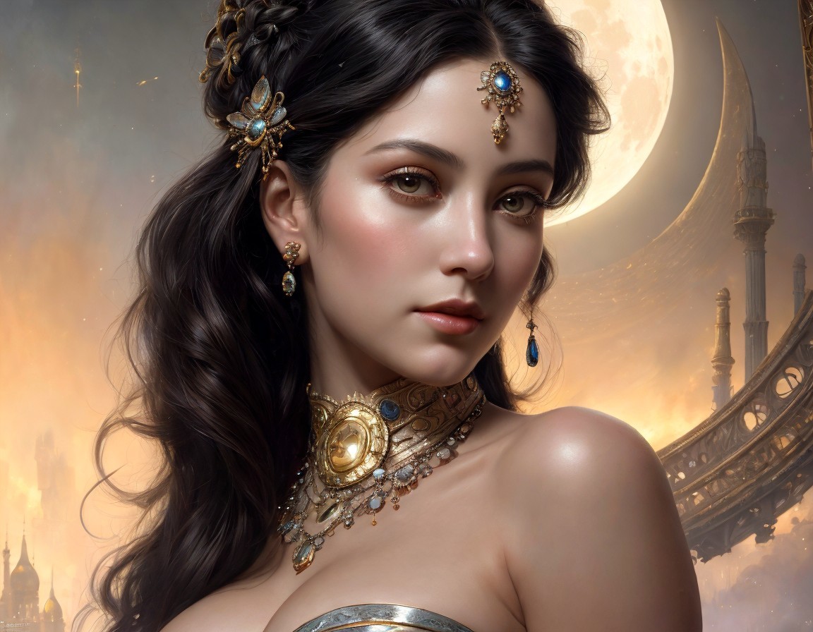Digital Artwork of Woman with Dark Hair and Moon