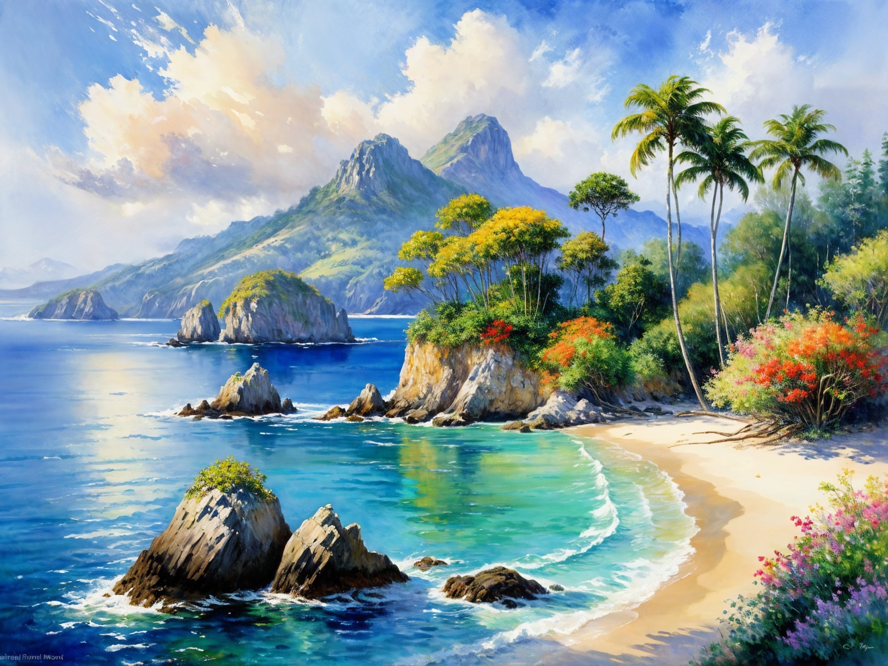 Tropical Landscape with Turquoise Sea and Mountains