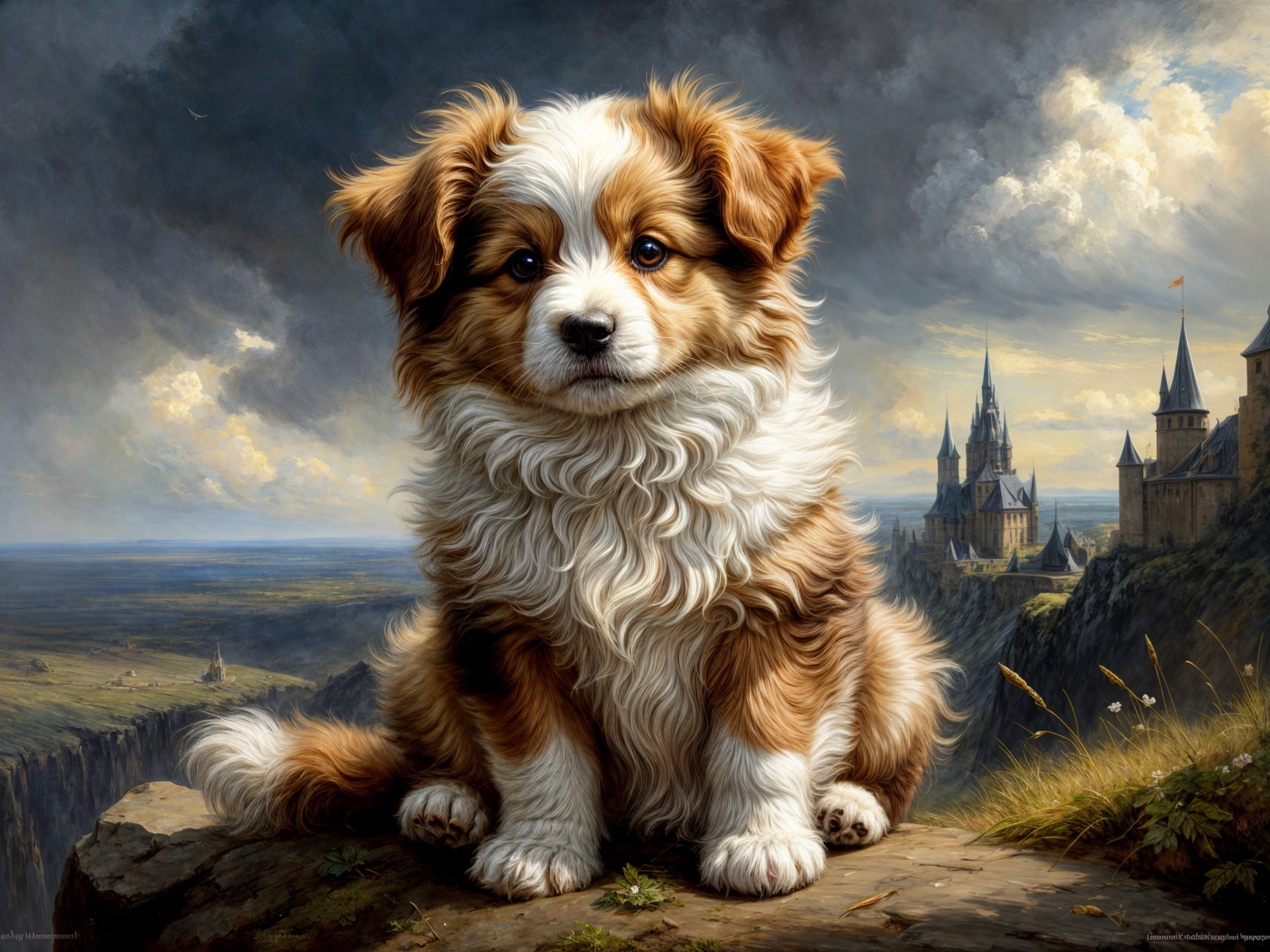 Fluffy Golden-Brown Puppy at Cliff with Scenic Landscape