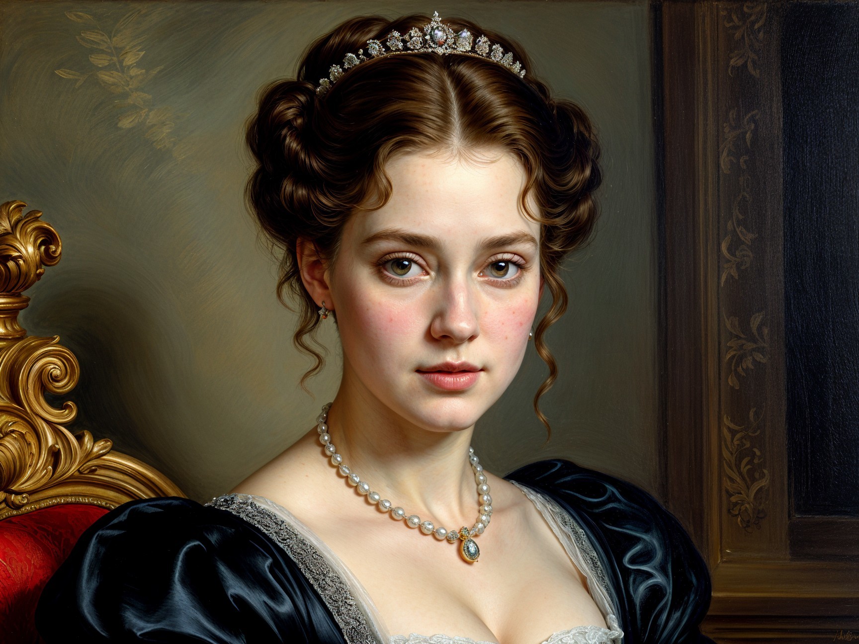Young Woman in Black Gown with Pearl Necklace and Tiara