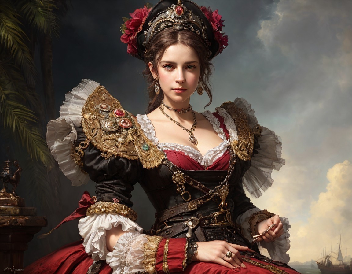 Victorian-style woman in elaborate dress and jewelry against classical backdrop