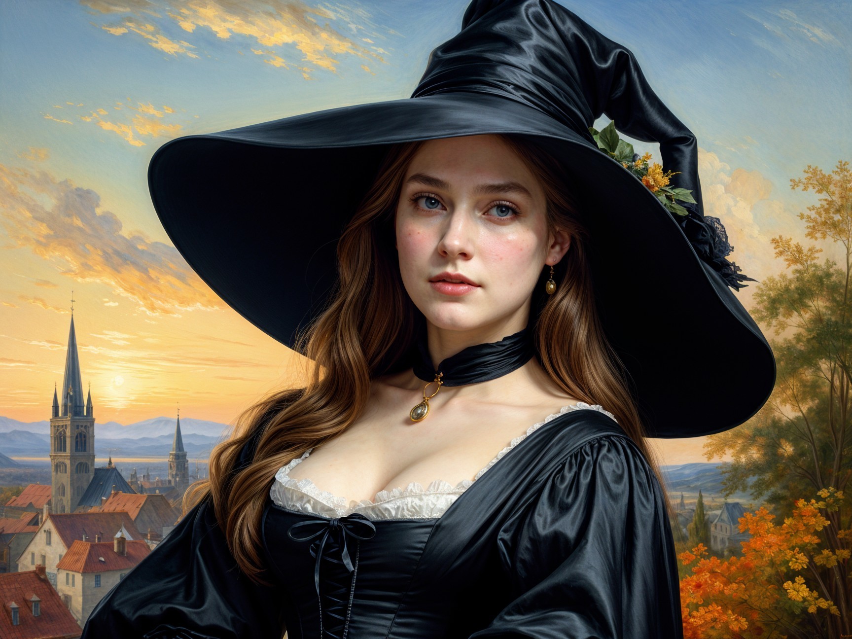 Young Woman in Elegant Dress Against Sunset Backdrop