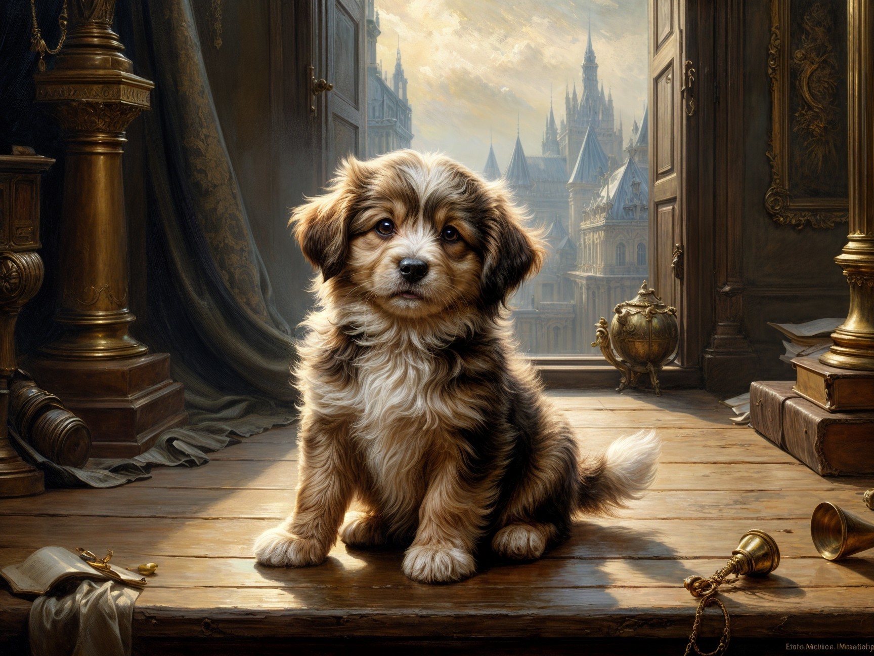 Fluffy Puppy on Wooden Floor in Vintage Room