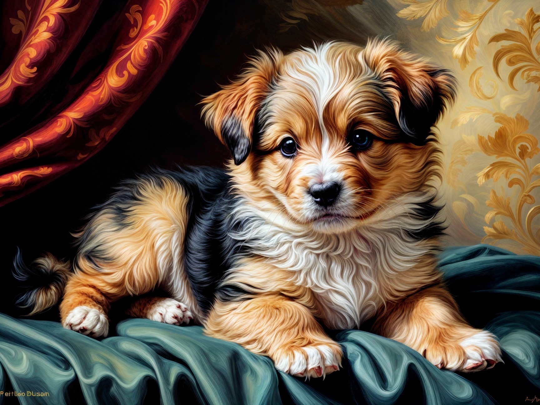 Charming Puppy Resting on Soft Green Fabric