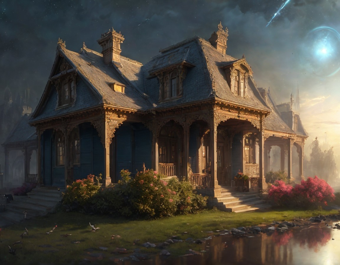 Victorian House by Pond at Serene Dusk with Comet
