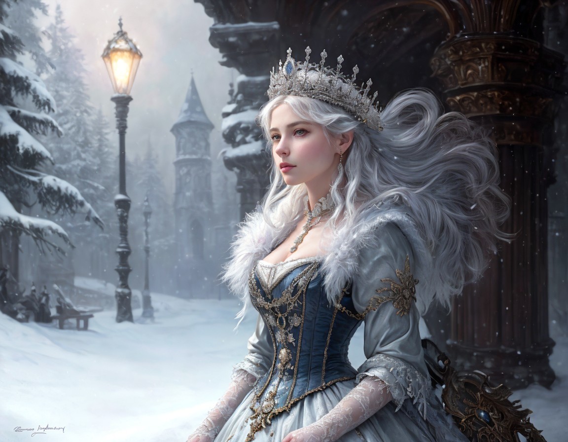 Silver-haired Winter Queen in Blue Gown Amidst Snowy Landscape