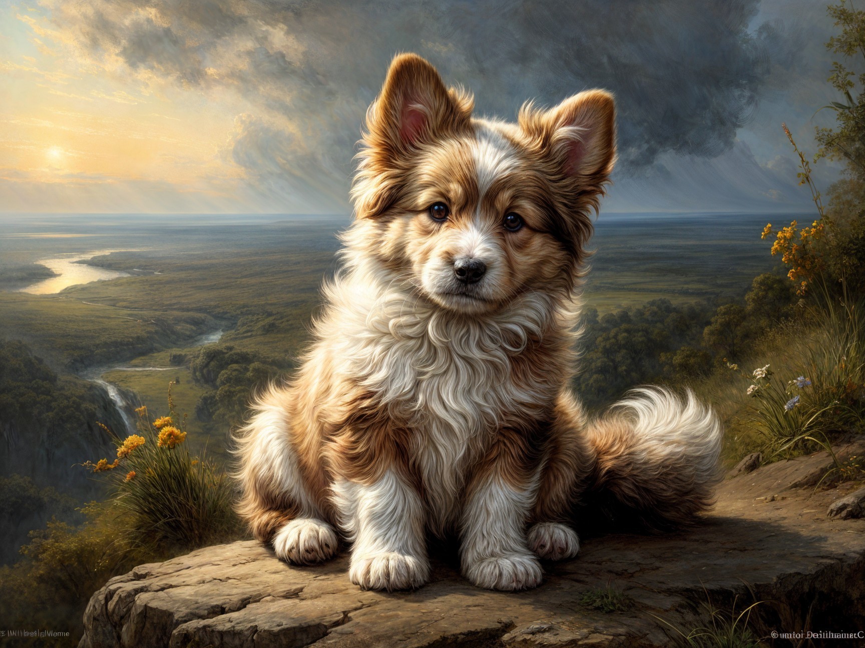 Fluffy Puppy on Rocky Ledge with Scenic Landscape