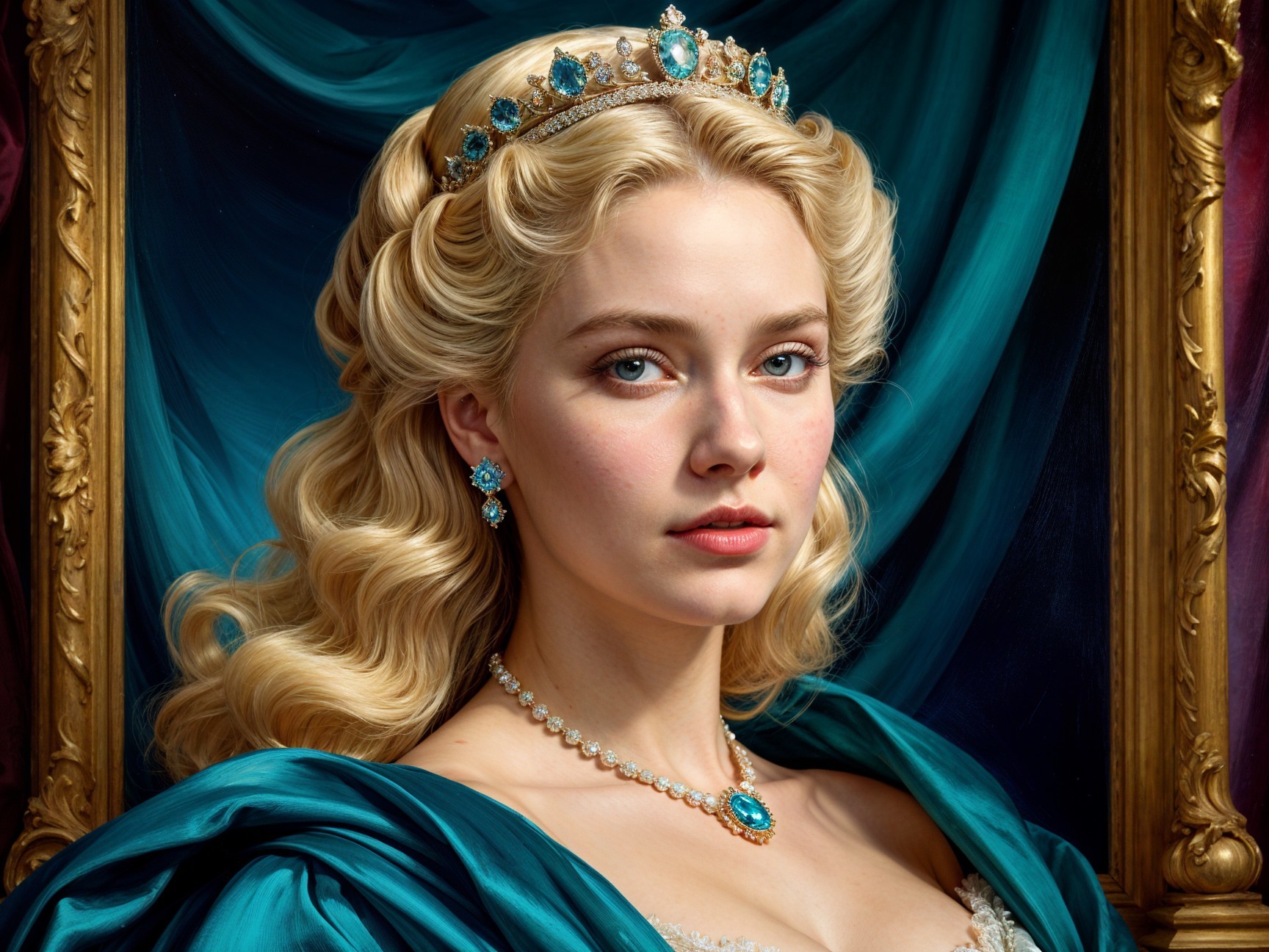 Regal woman in teal gown with turquoise tiara and pearls