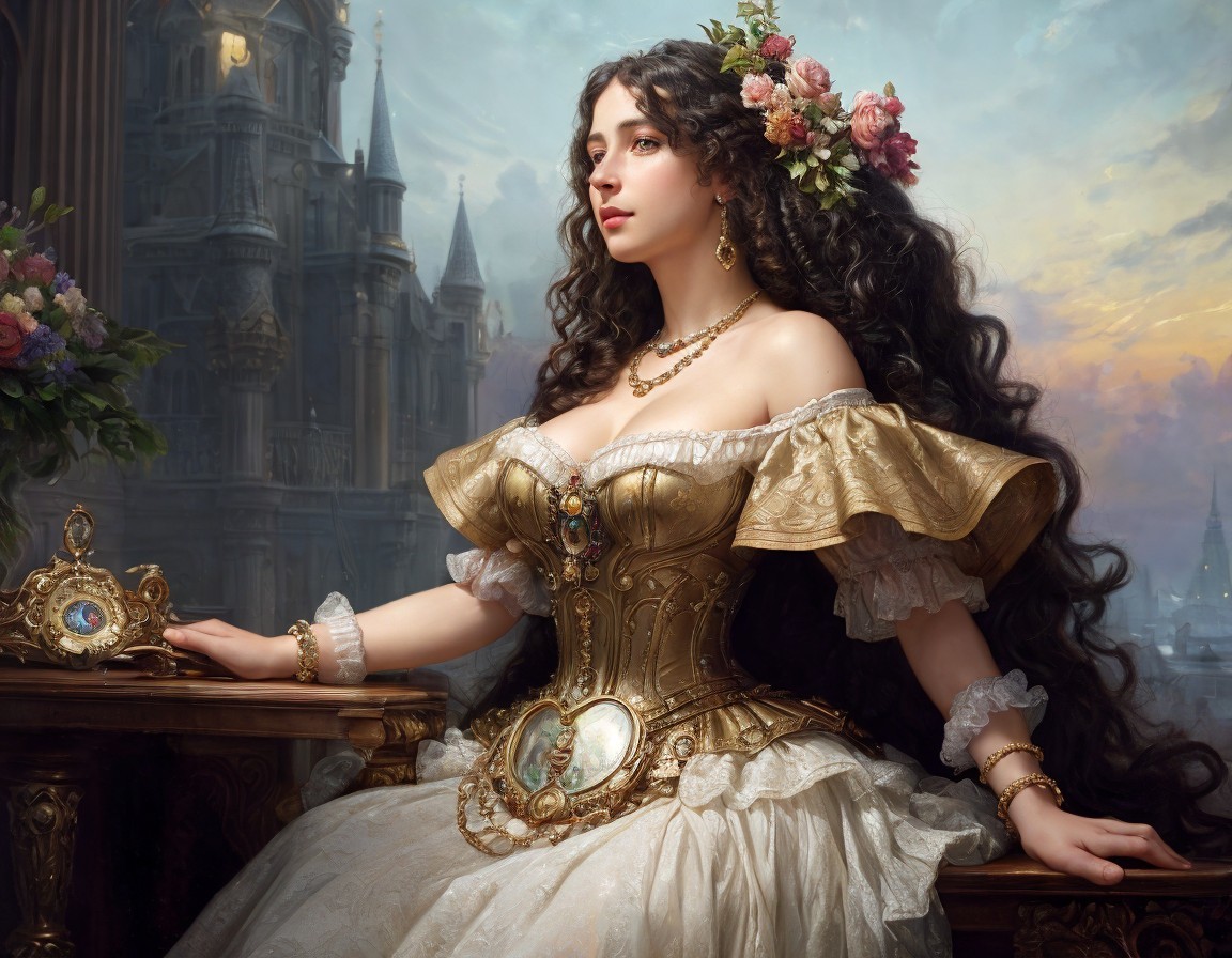Regal woman in golden corset and crown with flowers in hair.